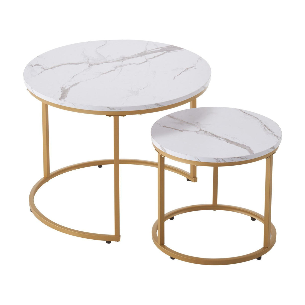 Vintage Nesting Coffee Table Set - 2 Round Tables for Small Spaces - White & Gold Finish