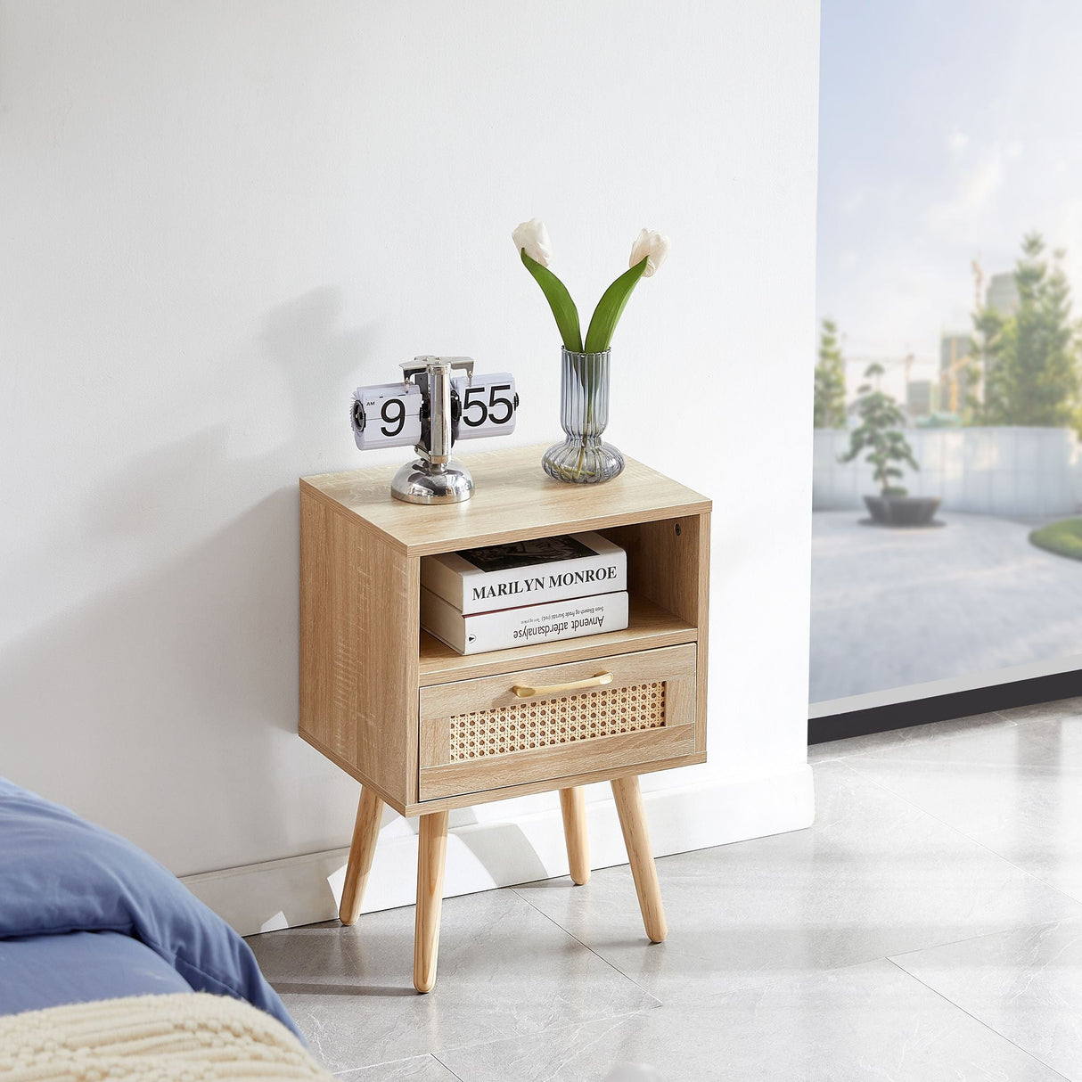 15.75-Inch Rattan Nightstand with Drawer - Elegant Side Table for Home Decor